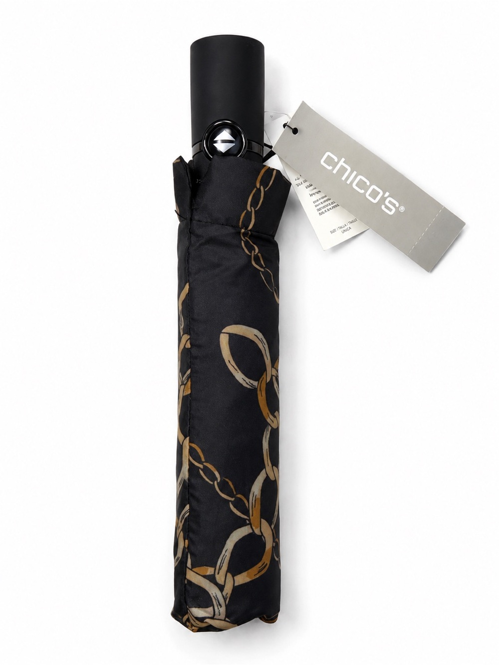 Chico’s Mixed Chain Print Travel Umbrella Black Gold NWT